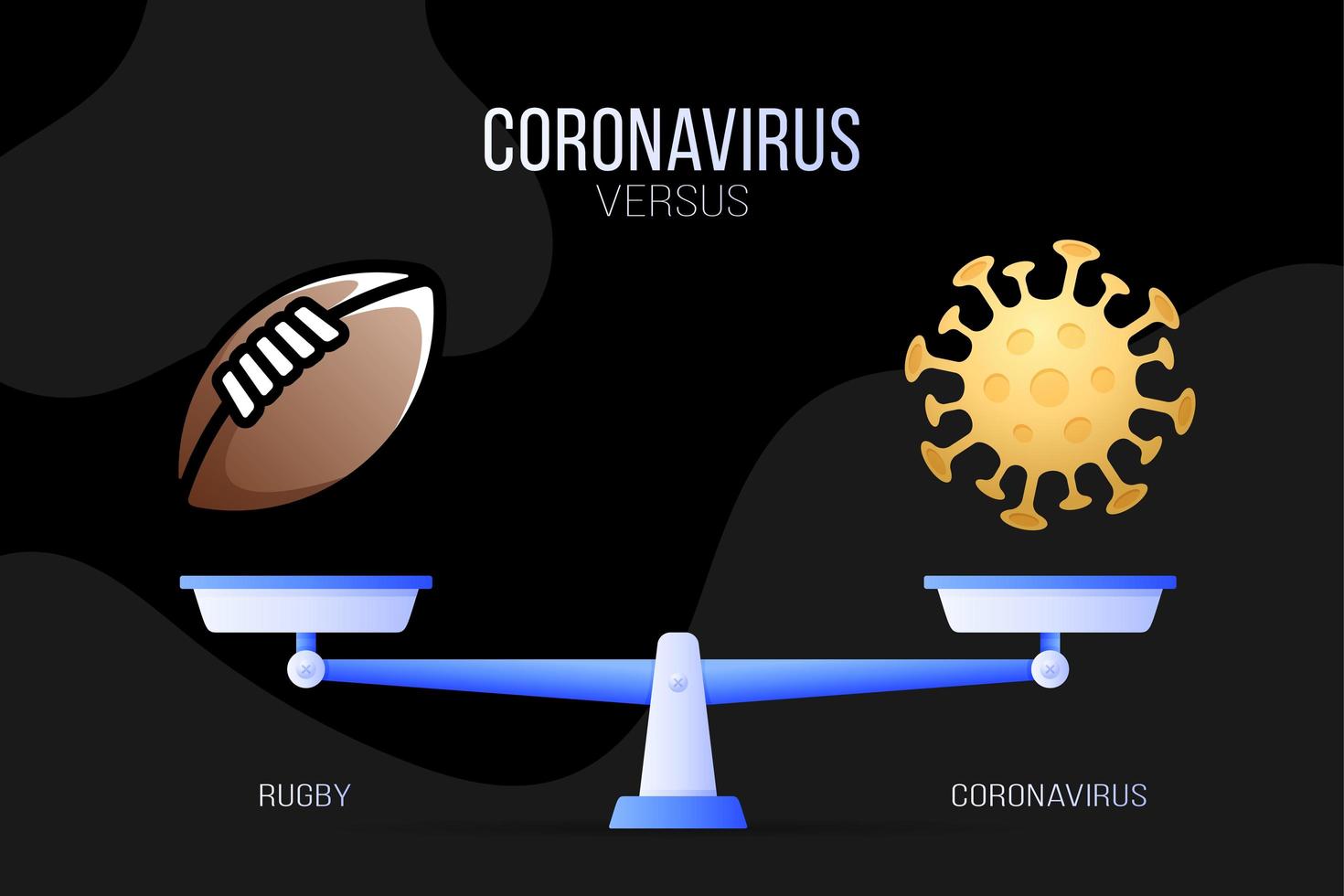 Coronavirus or American football vector illustration. Creative concept of scales and versus, on one side of the scale lies a virus covid-19 and on the other rugby icon. Flat vector illustration.