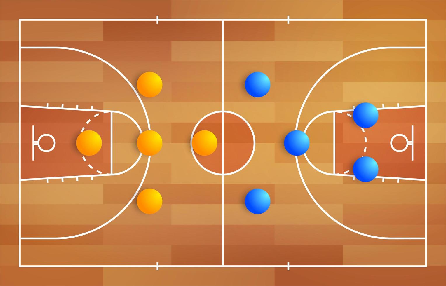 cancha de baloncesto con un esquema táctico de la disposición de los jugadores de dos equipos de baloncesto en el patio de recreo, plan de un diagrama de juego para un tablero de entrenador de la liga de fantasía vector