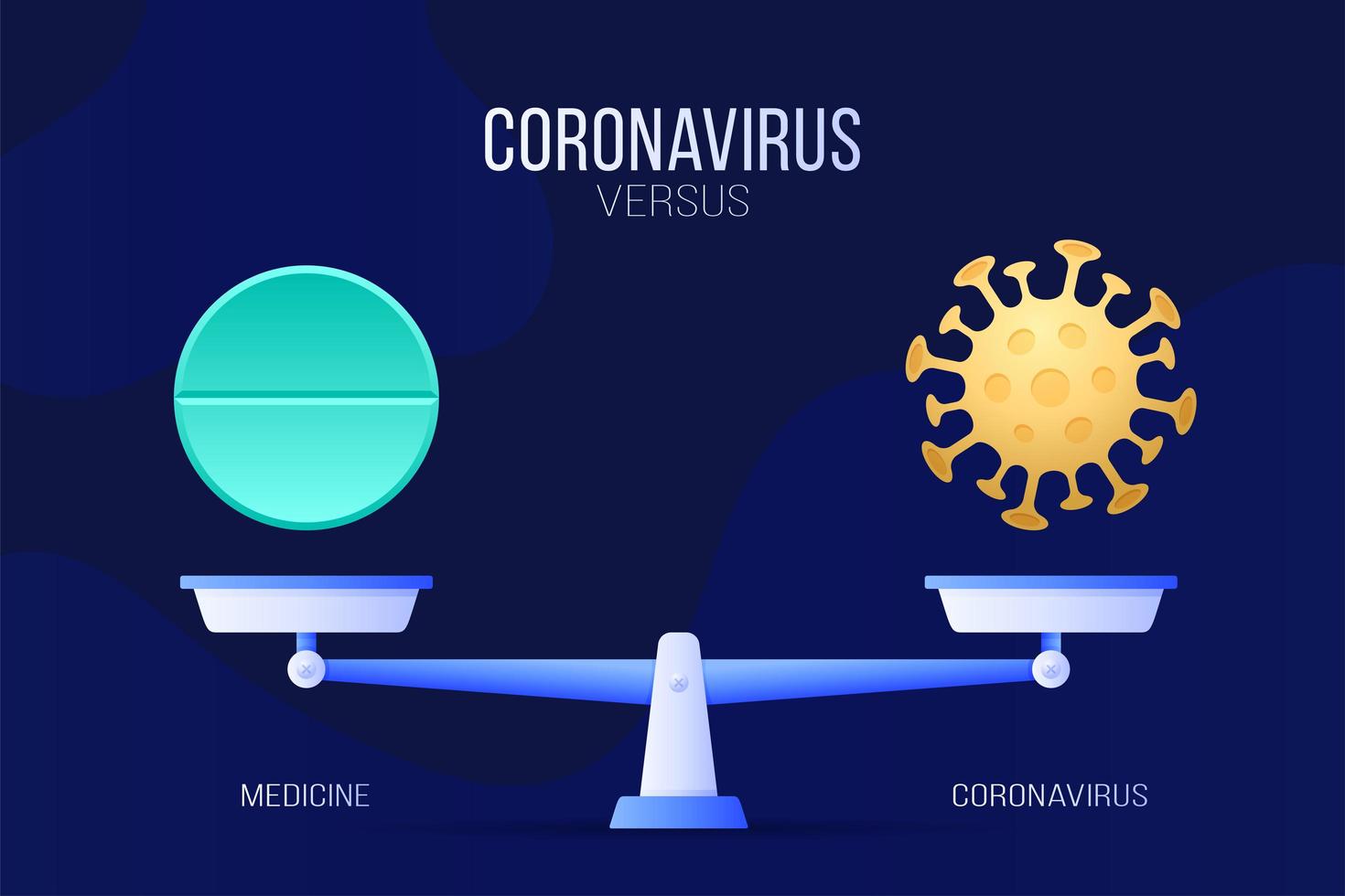 Coronavirus or medical pill vector illustration. Creative concept of scales and versus, on one side of the scale lies a virus covid-19 and on the other pill icon. Flat vector illustration.