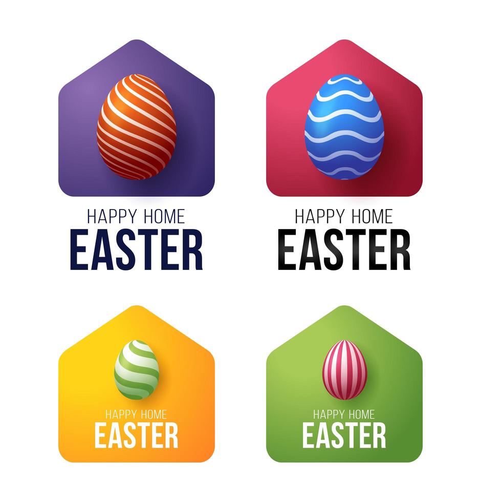 Colorful Happy Home Easter 2020 Card With Funny Vector Minimalist Icon. Staying at Home Badge in Quarantine. Covid-19 Reaction.