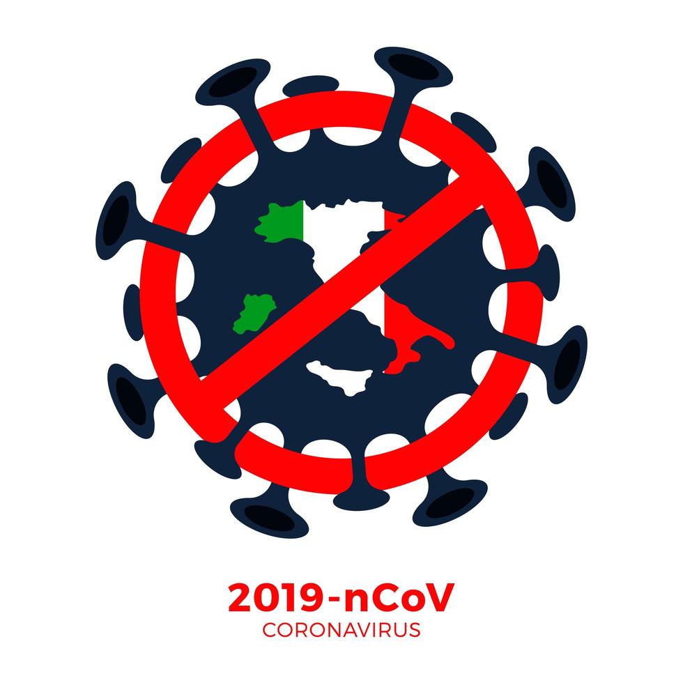 Italy flag isometric map Sign caution coronavirus. Stop 2019-nCoV outbreak. Coronavirus danger and public health risk disease and flu outbreak. Pandemic medical concept. Vector illustration
