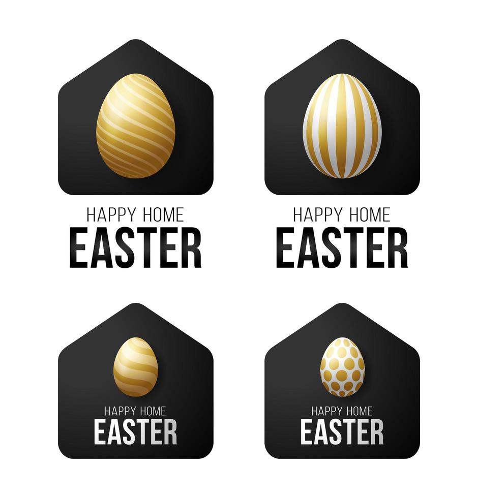 Luxury Gold Happy Home Easter 2020 Card With Funny Vector Minimalist Icon. Staying at Home Badge in Quarantine. Covid-19 Reaction.