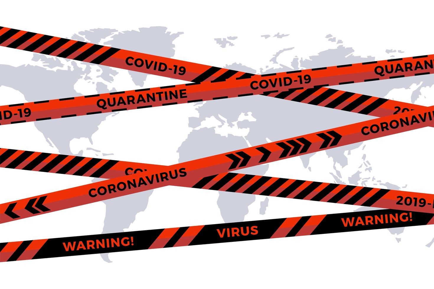 Vector biohazard danger tape on white paper cut world map background. Safety fencing ribbon. World quarantine flu. Warning danger influenza hazard. Global pandemic coronavirus COVID-19