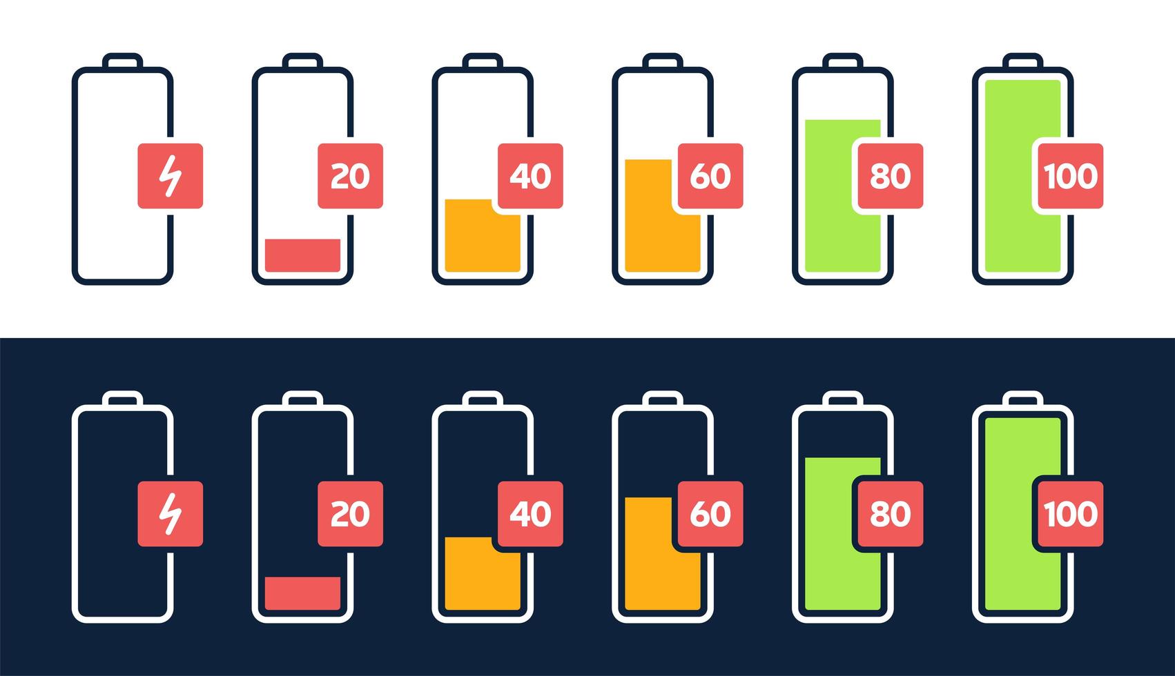 Energy level icon. Charge load, phone battery indicator, smartphone power level, accumulator energy empty and full status icons set. Stages of gadget recharging. Charging energy percent vector