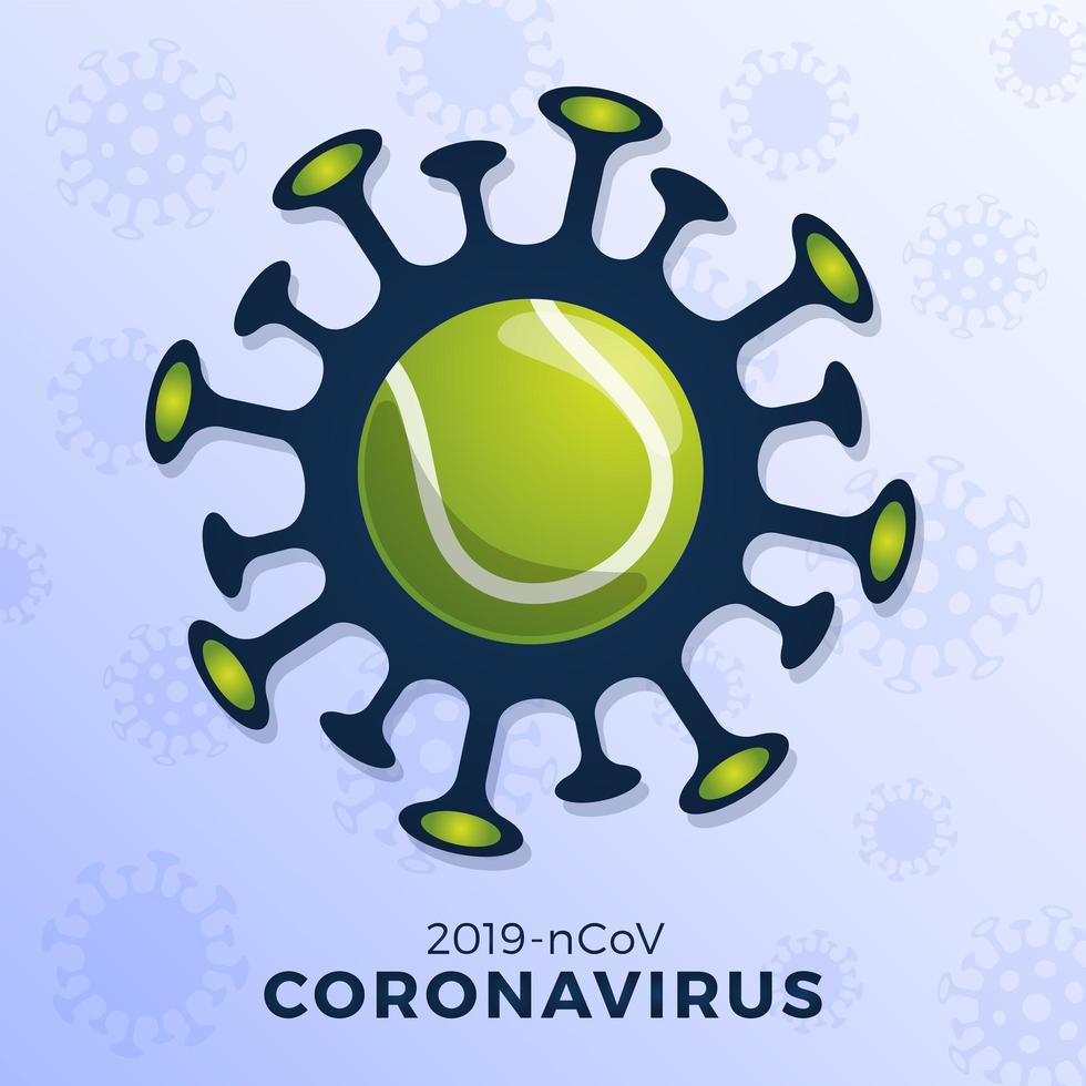 Tennis ball vector sign caution coronavirus. Stop covid-19 outbreak. Coronavirus danger and public health risk disease flu outbreak. Cancellation of sporting events and matches concept