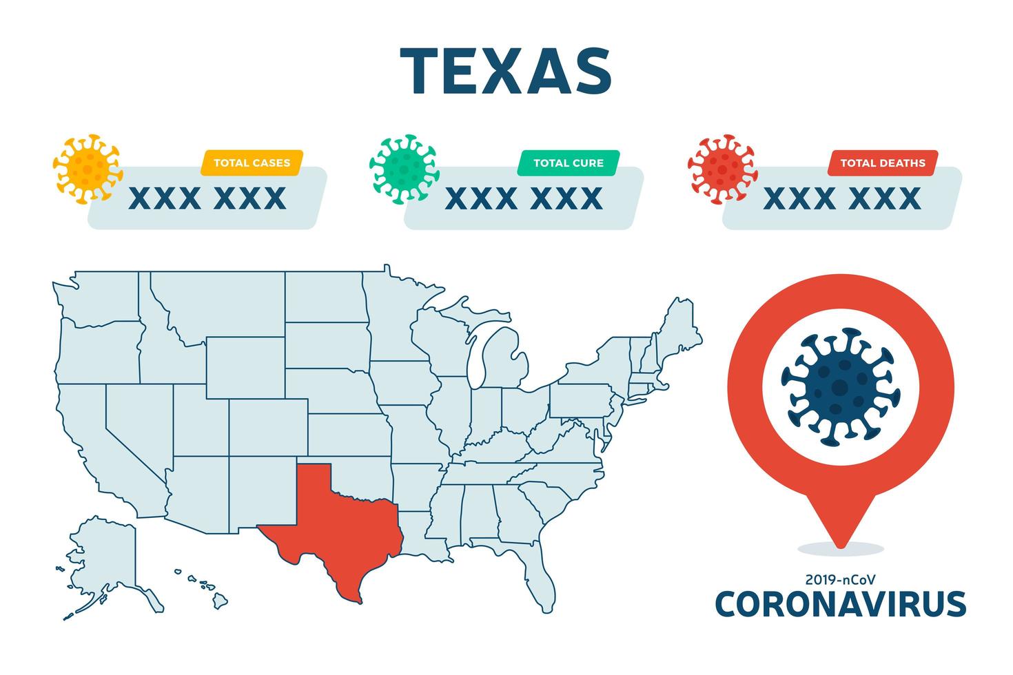 Covid-19 Texas state USA map confirmed cases, cure, deaths report. Coronavirus disease 2019 situation update worldwide. America Maps and news headline show situation and stats background vector