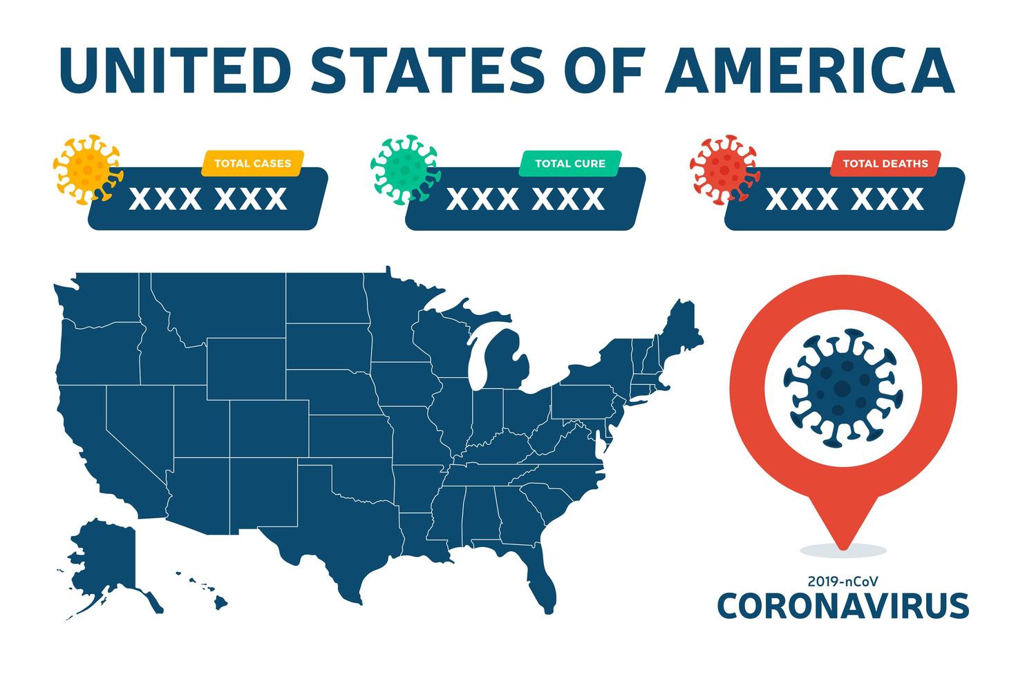 Covid-19 USA map confirmed cases, cure, deaths report worldwide globally. Coronavirus disease 2019 situation update worldwide. America Maps and news headline show situation and stats background vector