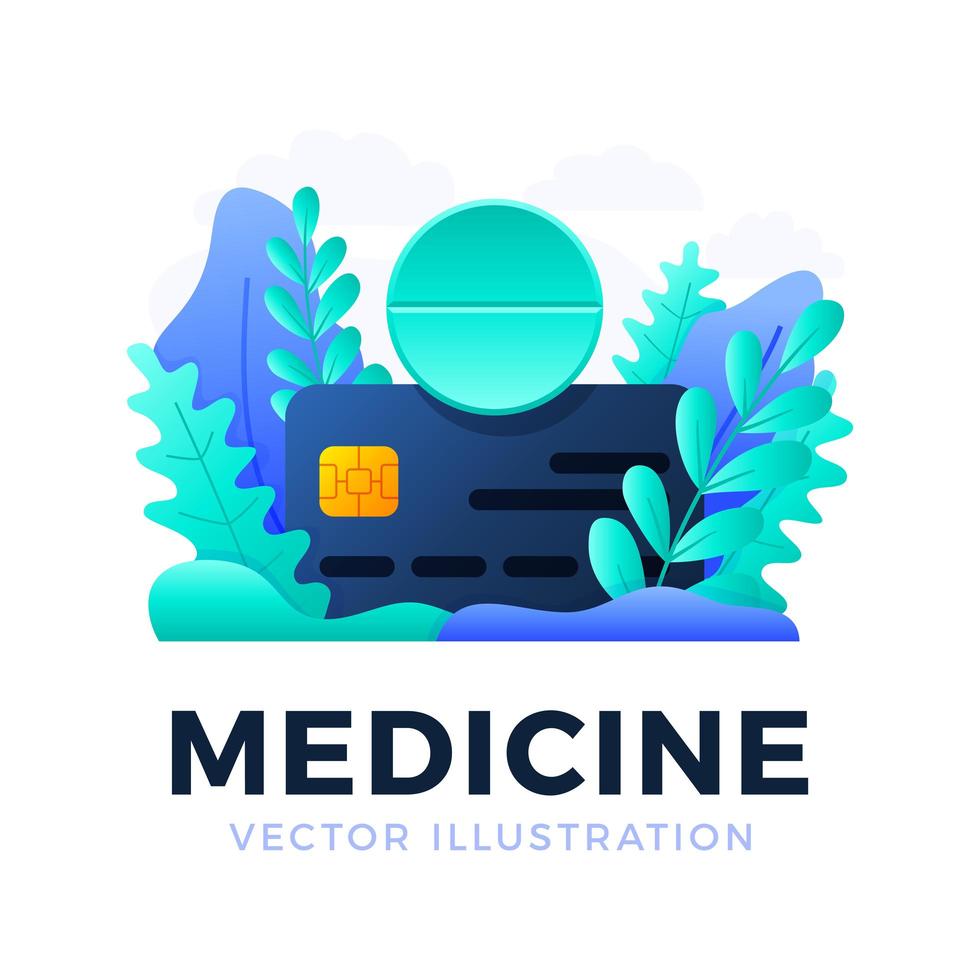 Medicine tablet with credit card vector stock illustration isolated on a white background. The concept of payment concept for medicines with the card. Front side of card with text