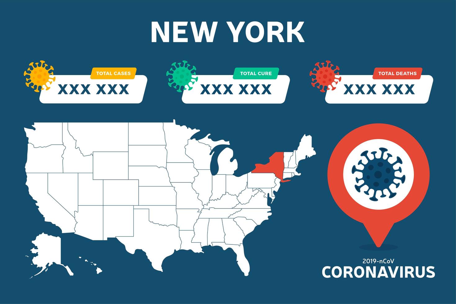 covid-19 estado de nueva york mapa de estados unidos casos confirmados, cura, informe de muertes. Actualización de la situación de la enfermedad por coronavirus en 2019 en todo el mundo. Estados Unidos mapas y titulares de noticias muestran situación y antecedentes de estadísticas vector