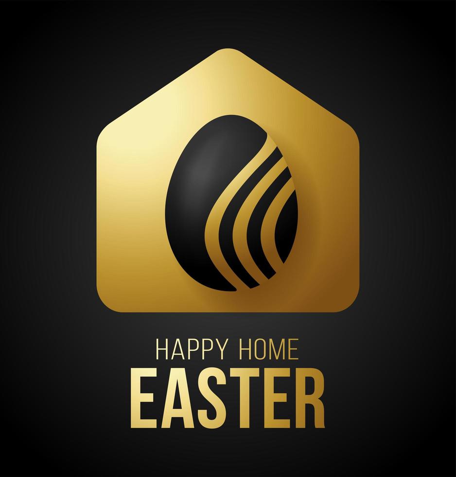 Luxury Gold Happy Home Easter 2020 Card With Funny Vector Minimalist Icon. Staying at Home Badge in Quarantine. Covid-19 Reaction.