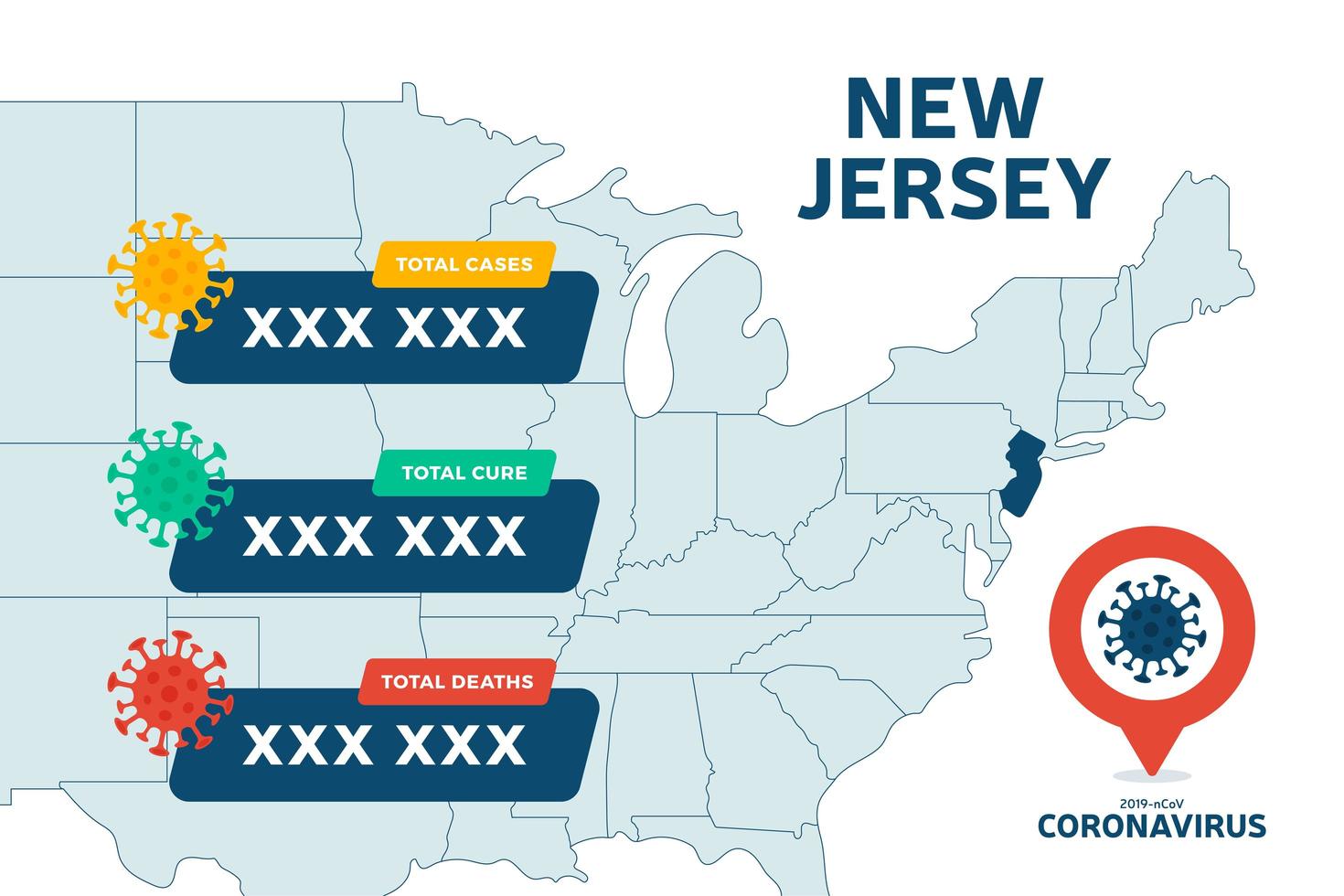 covid-19 estado de nueva jersey mapa de estados unidos casos confirmados, cura, informe de muertes. Actualización de la situación de la enfermedad por coronavirus en 2019 en todo el mundo. Estados Unidos mapas y titulares de noticias muestran situación y antecedentes de estadísticas vector