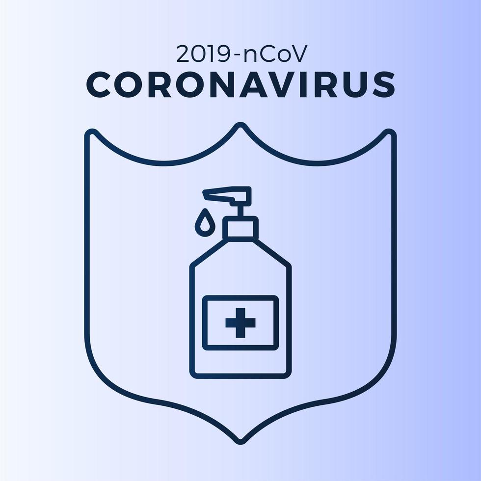 jabón o gel desinfectante y escudo con antibacteriano, icono de virus, higiene, ilustración médica. protección del coronavirus covid-19 vector