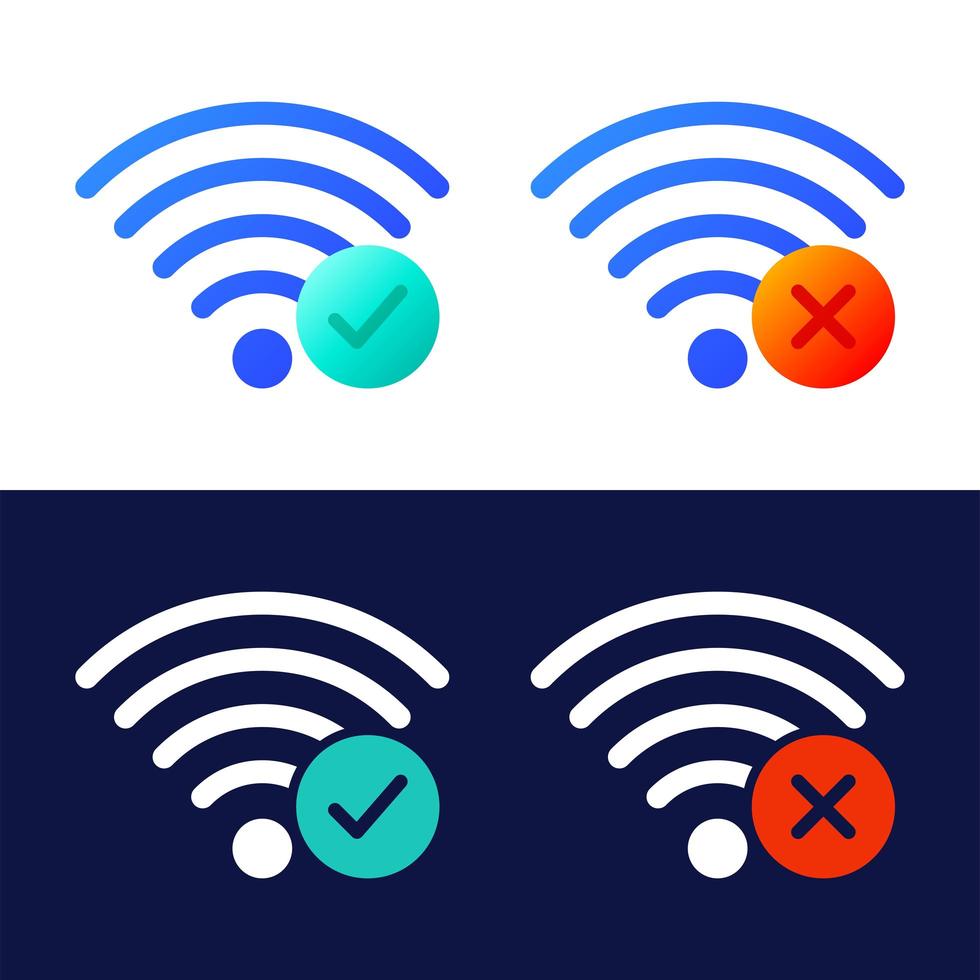 conjunto de iconos vectoriales de símbolos wifi inalámbricos con marca de verificación y marca x. vector
