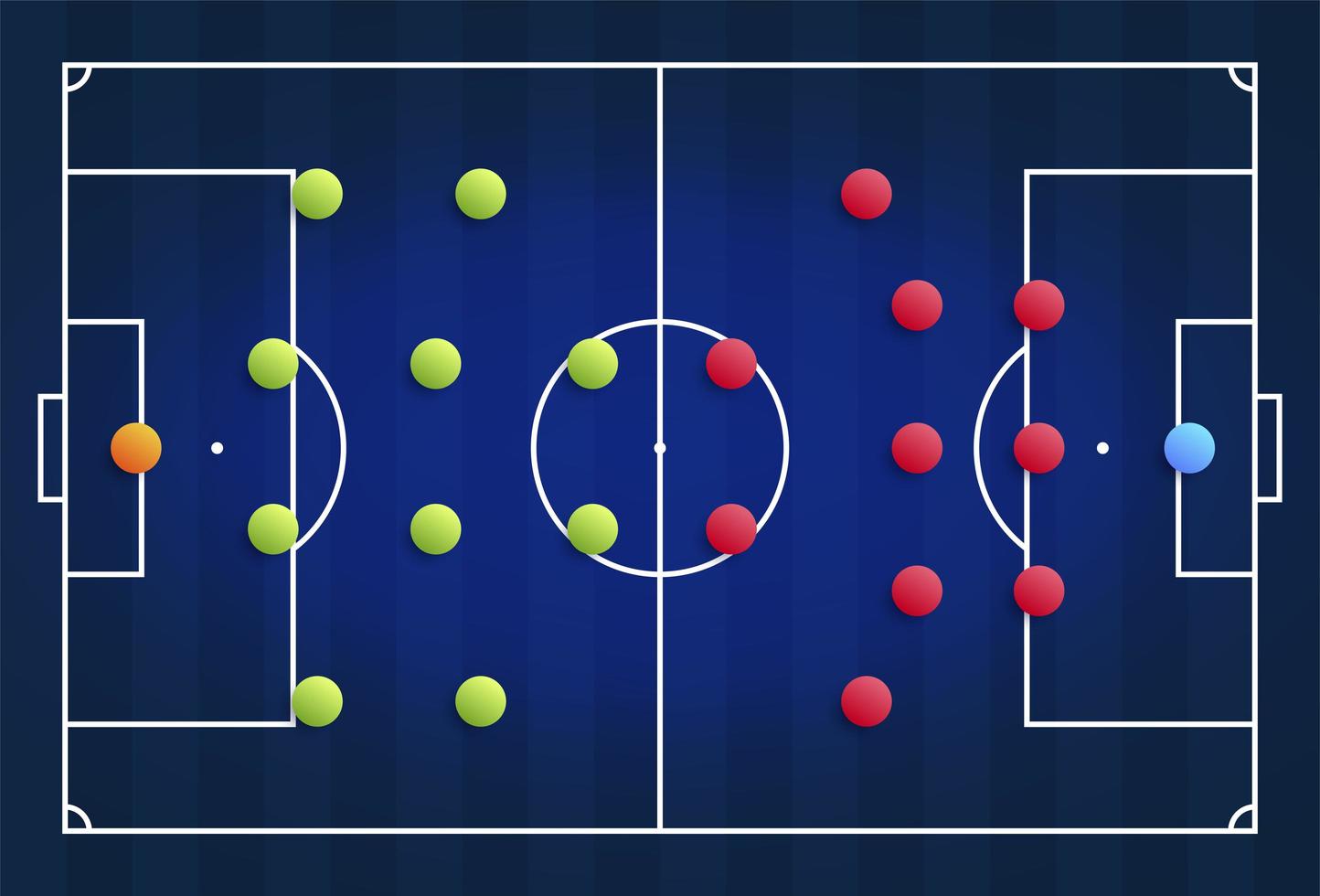 un campo de fútbol cibernético azul con un esquema táctico de la disposición de los jugadores de dos equipos de fútbol en el tablero, organización de un diagrama de juego para un entrenador de la liga de fantasía vector