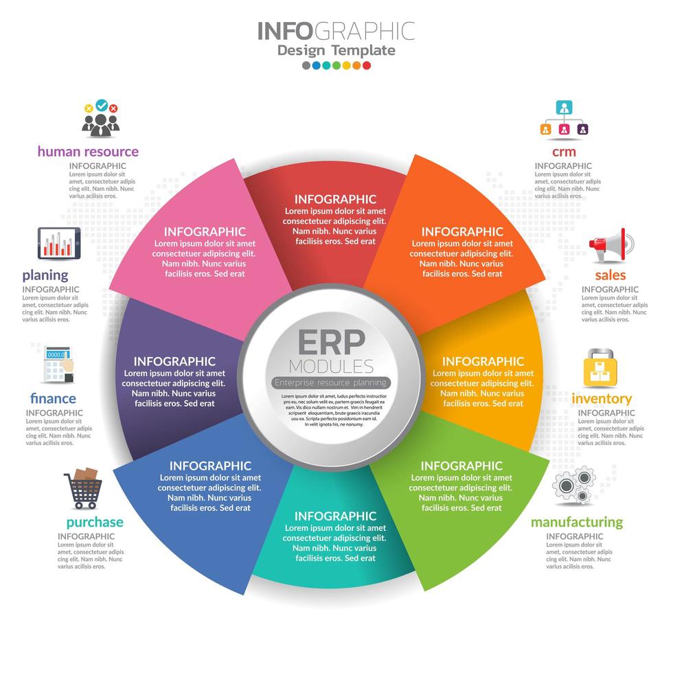 Infographic of enterprise resource planning ERP modules with diagram, chart and icon design. vector