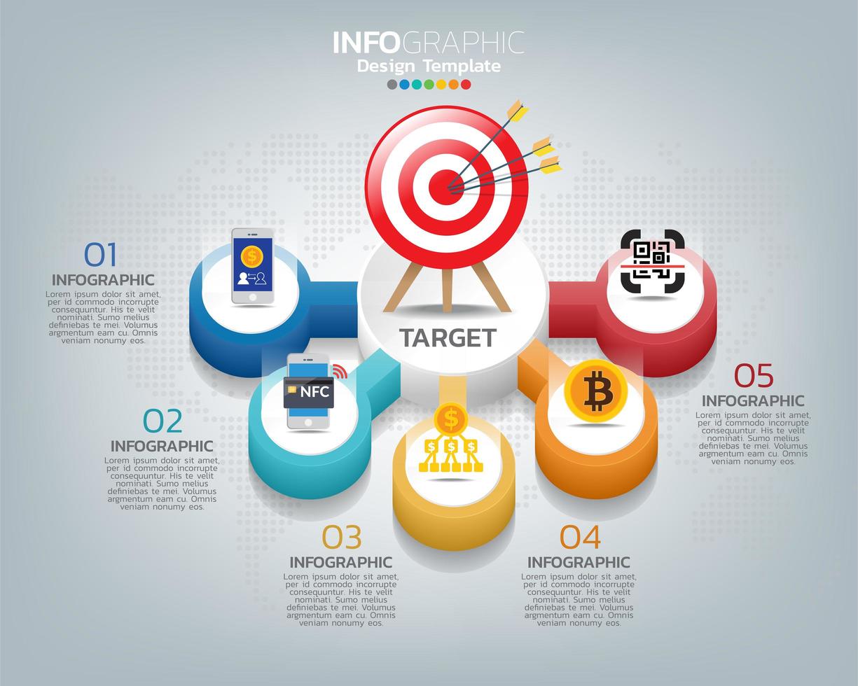 objetivo con cohete y cuatro opciones con números y texto, plantilla de infografía. vector