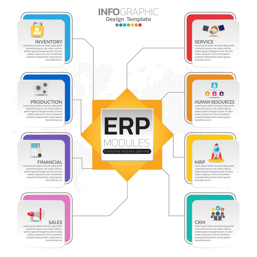 infografía de módulos erp de planificación de recursos empresariales con diseño de diagrama, gráfico e icono. vector