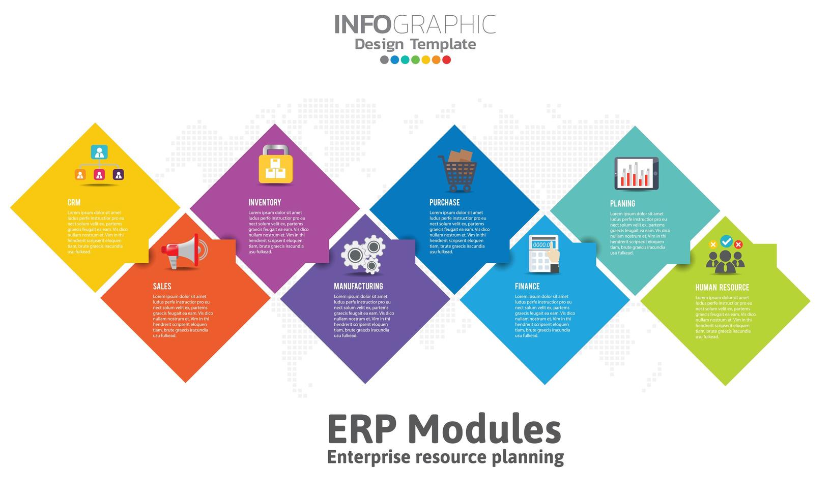 infografía de módulos erp de planificación de recursos empresariales con diseño de diagrama, gráfico e icono. vector