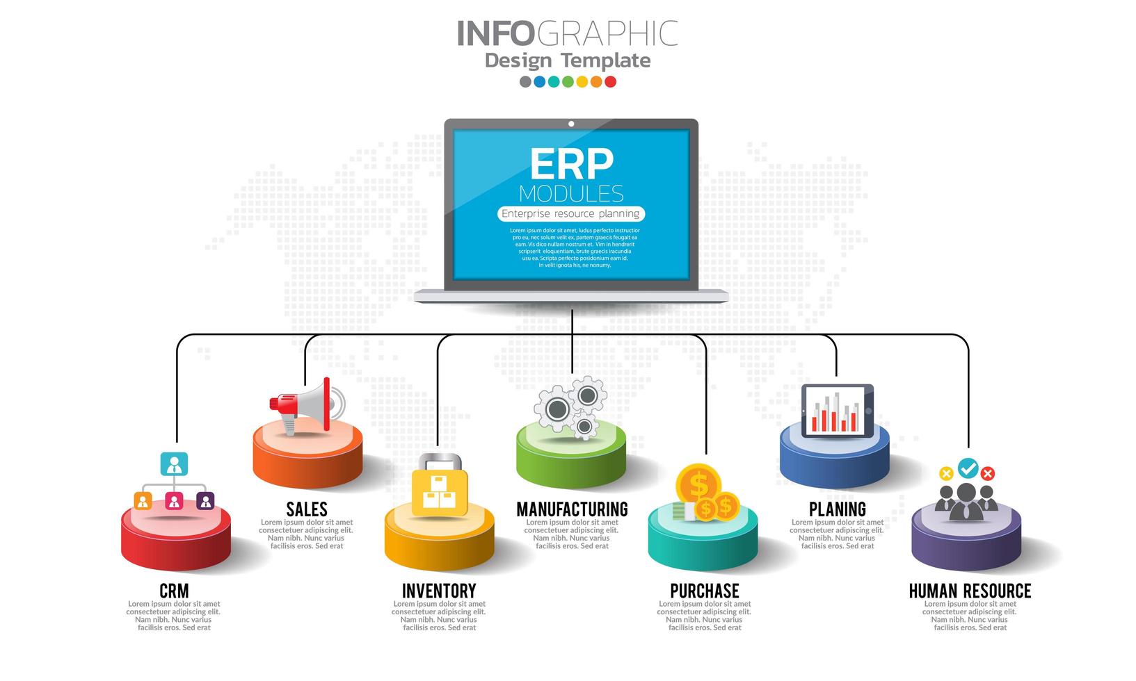 infografía de módulos erp de planificación de recursos empresariales con diseño de diagrama, gráfico e icono. vector