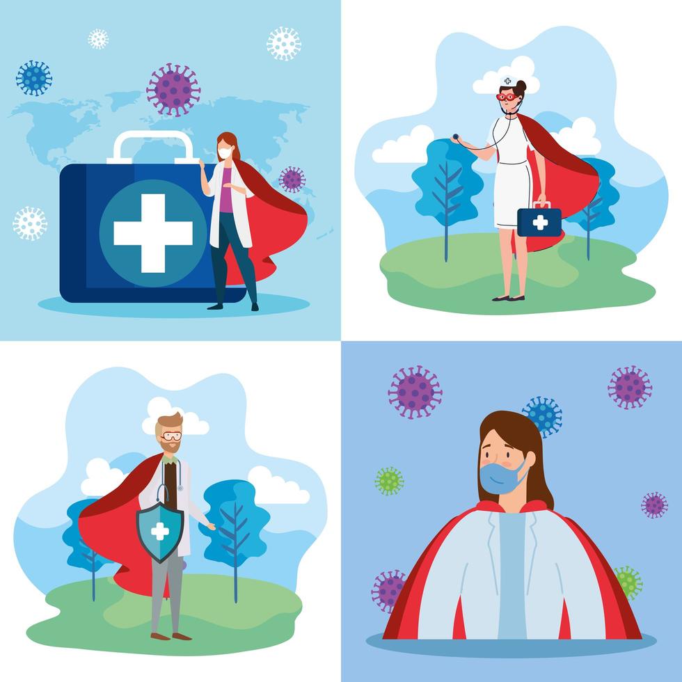 super doctors with heroine cloak banner set vector