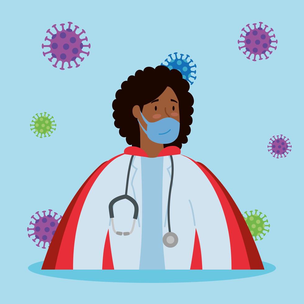 super doctor with heroine cloak and particles of coronavirus vector