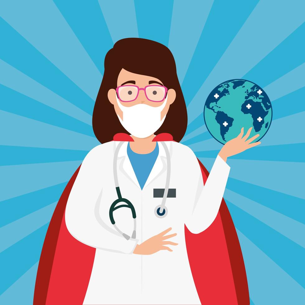super doctor with heroine cape and globe vector
