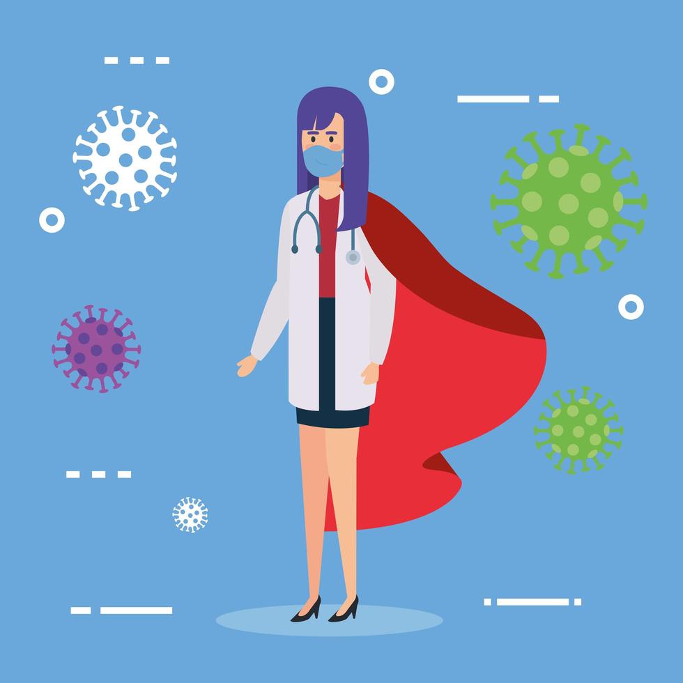 super doctor with heroine cloak and particles of coronavirus vector