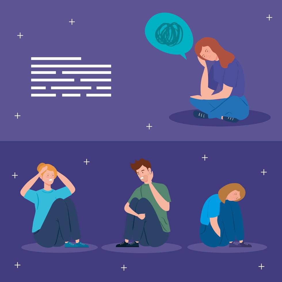 people sitting with stress and depression banner set vector