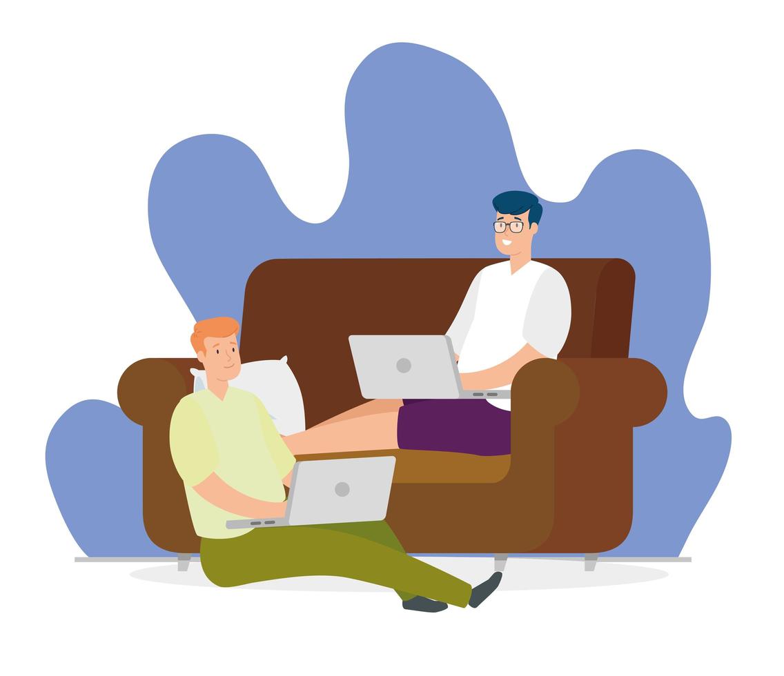 Men working on their laptops on the couch vector