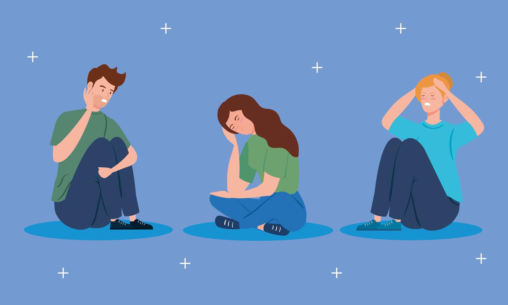 People sitting on the floor with stress and depression vector