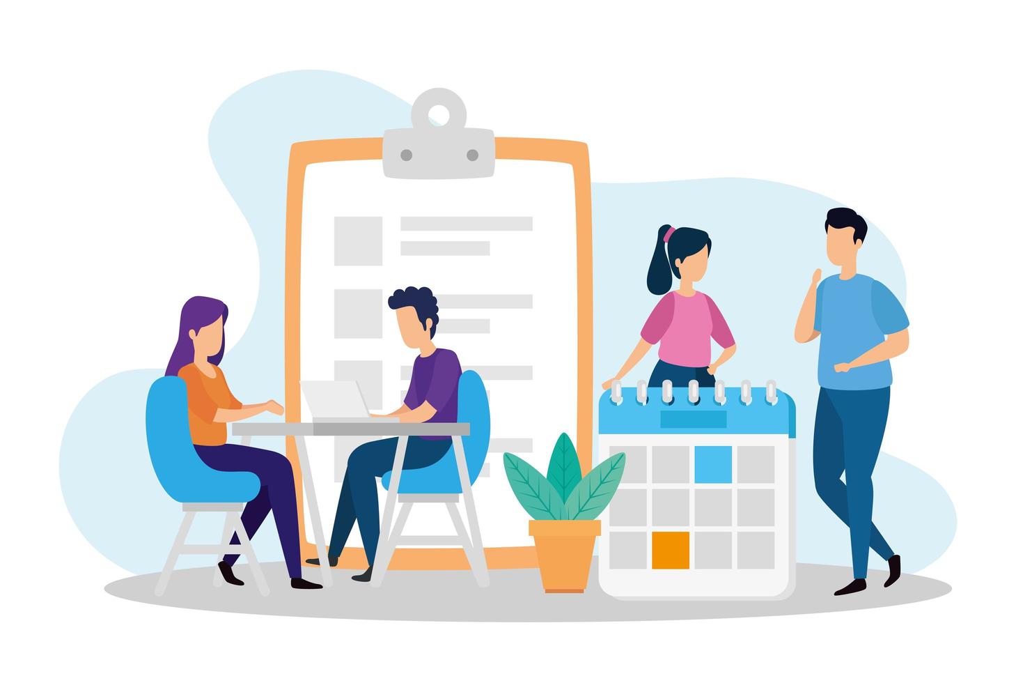 Escenas de coworking con personas e iconos. vector