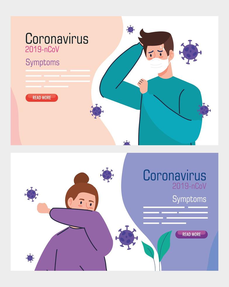 Conjunto de banners de personas con síntomas de coronavirus. vector