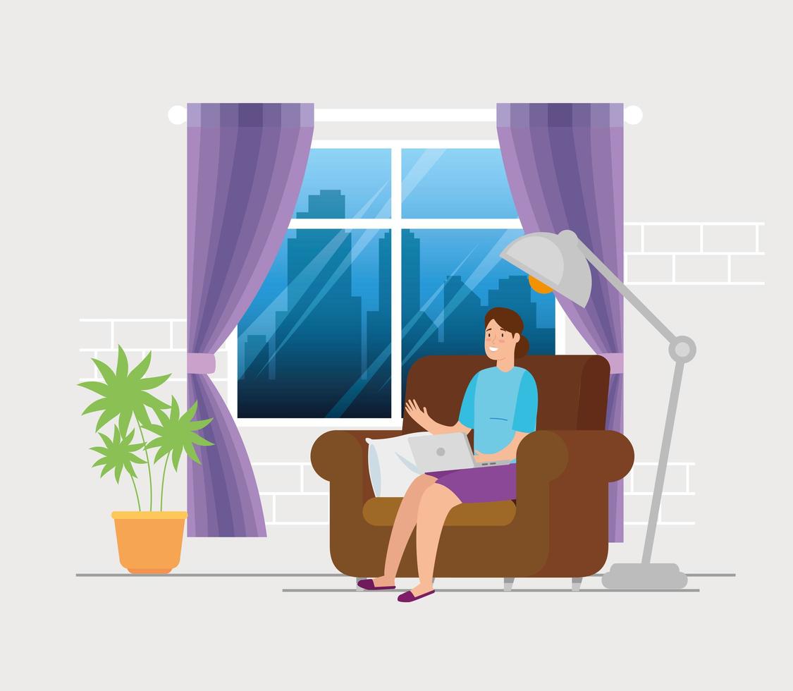 woman working with the laptop on the couch vector