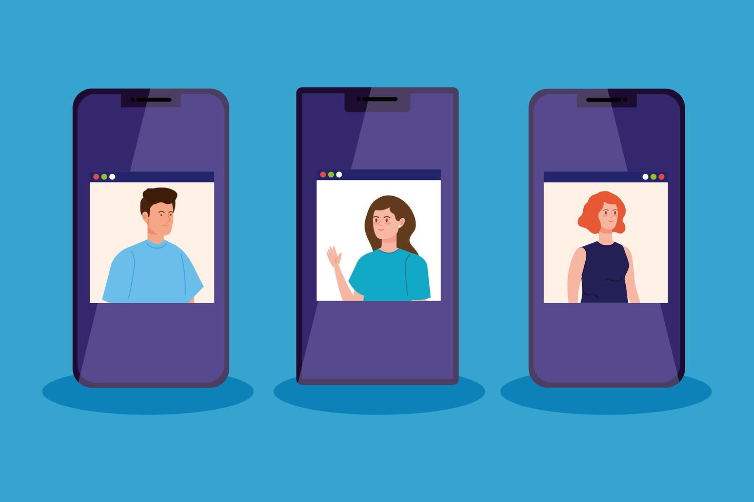 people in a video conference via smartphone vector