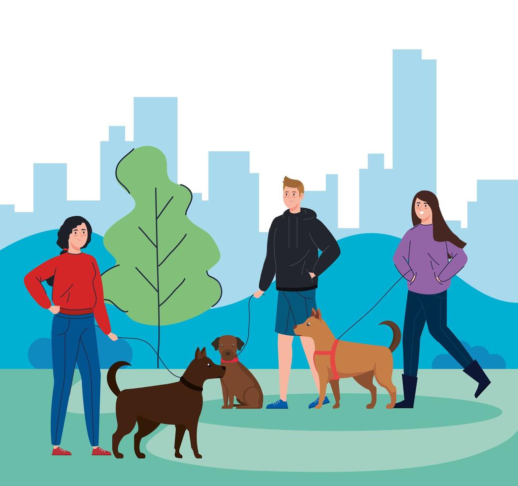 People walking their dogs outdoors vector