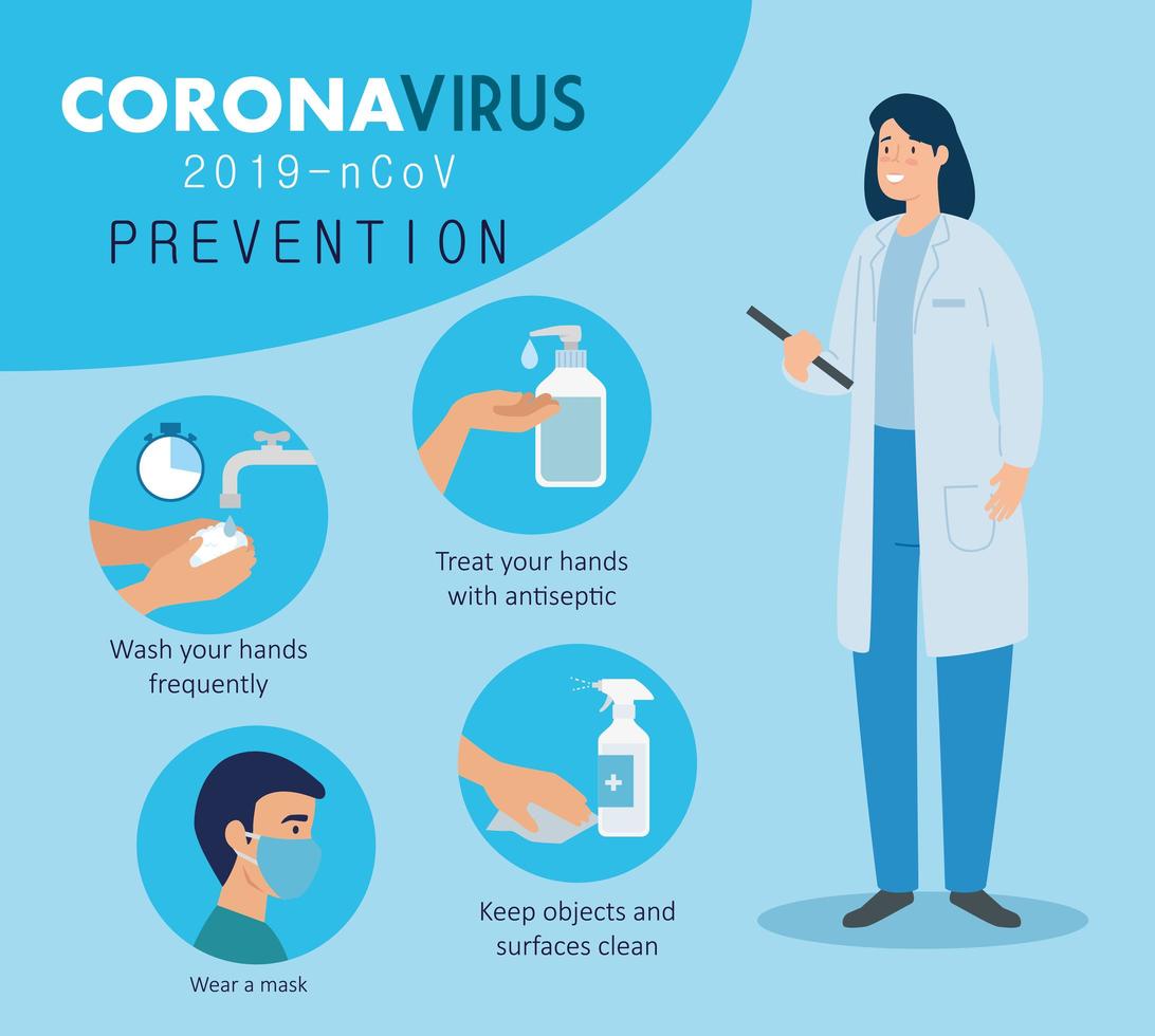 Banner de prevención de coronavirus con médico e iconos. vector