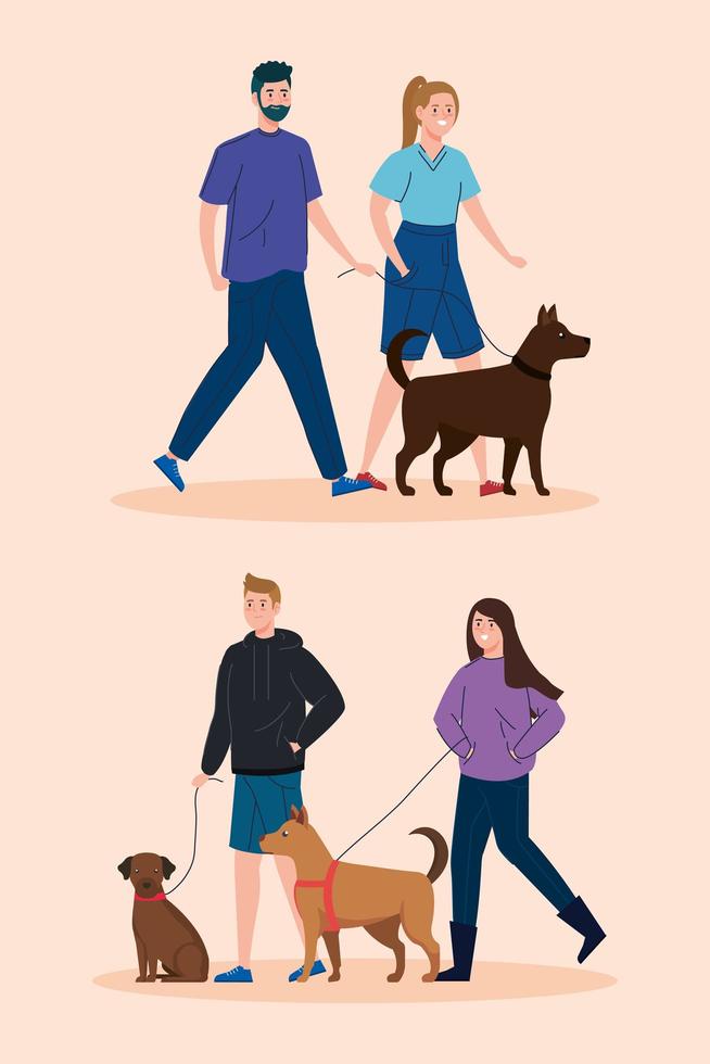 People walking their dogs scene set vector