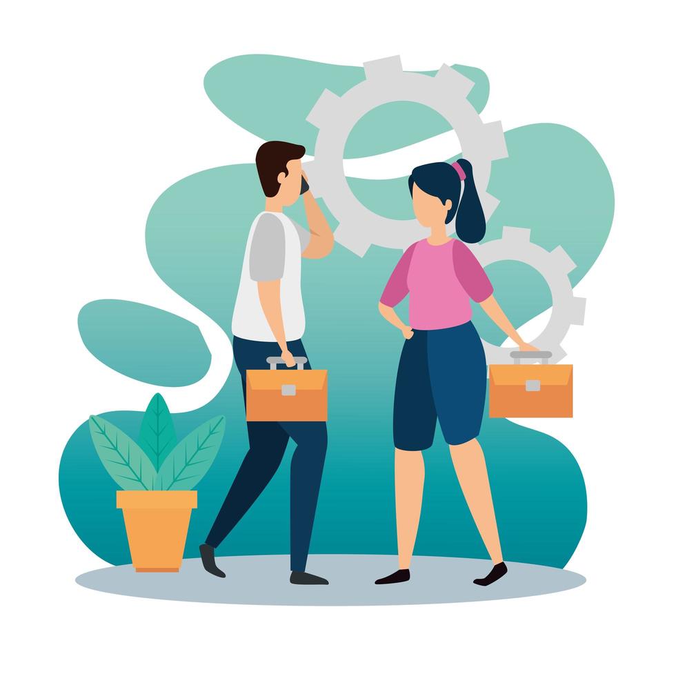 scene of coworking with couple and gears vector