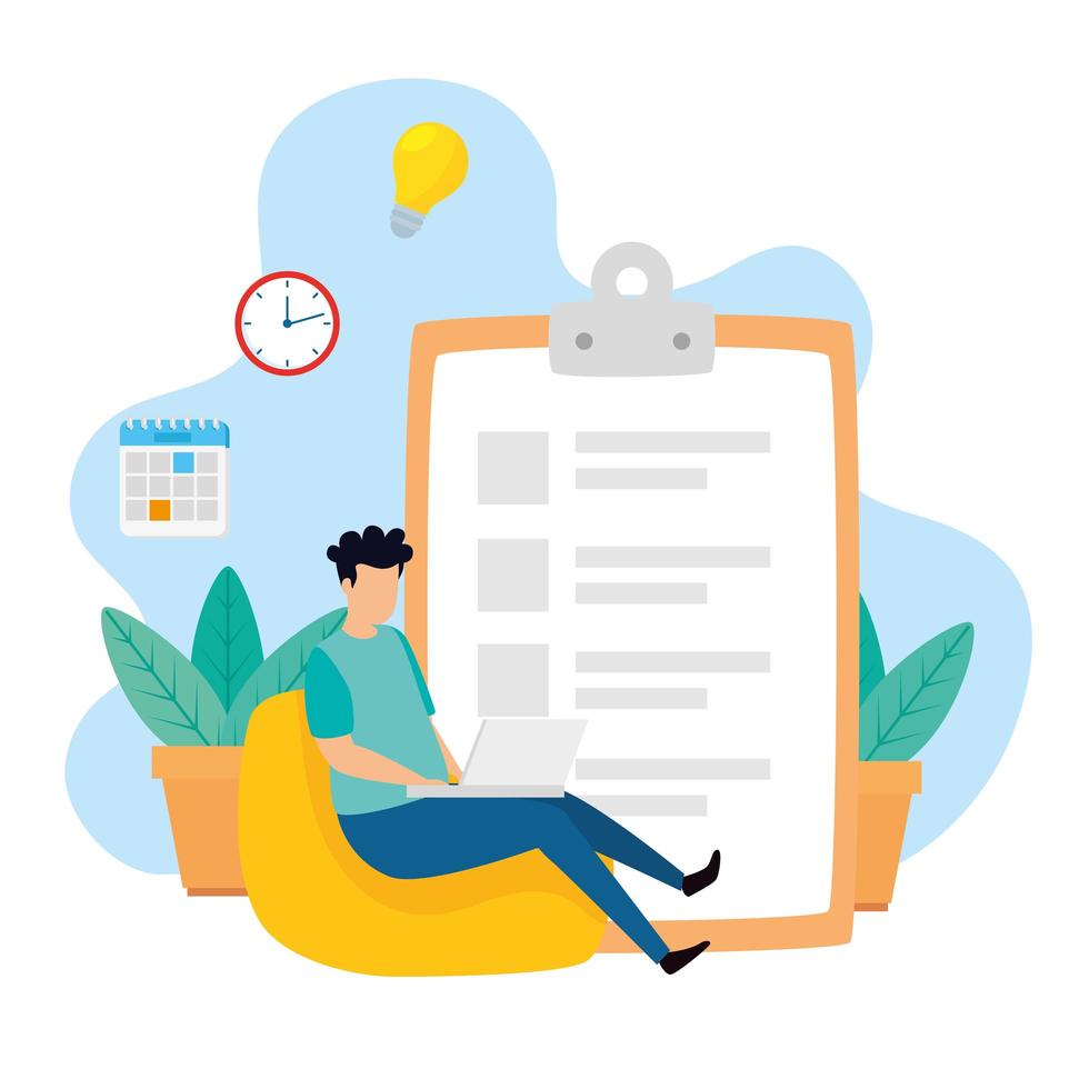 young man with laptop and icons vector