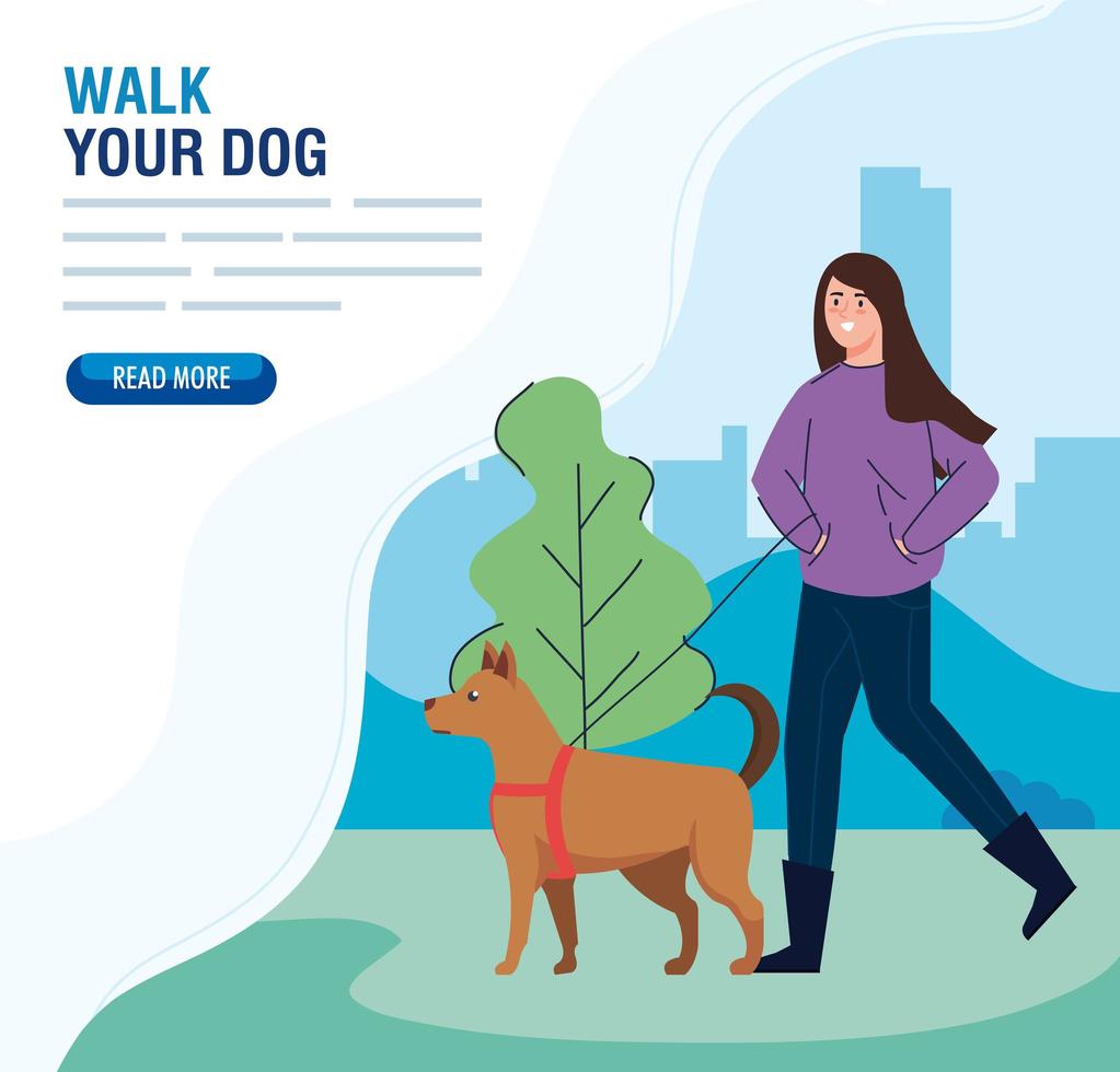 Woman walking the dogs outdoors banner vector
