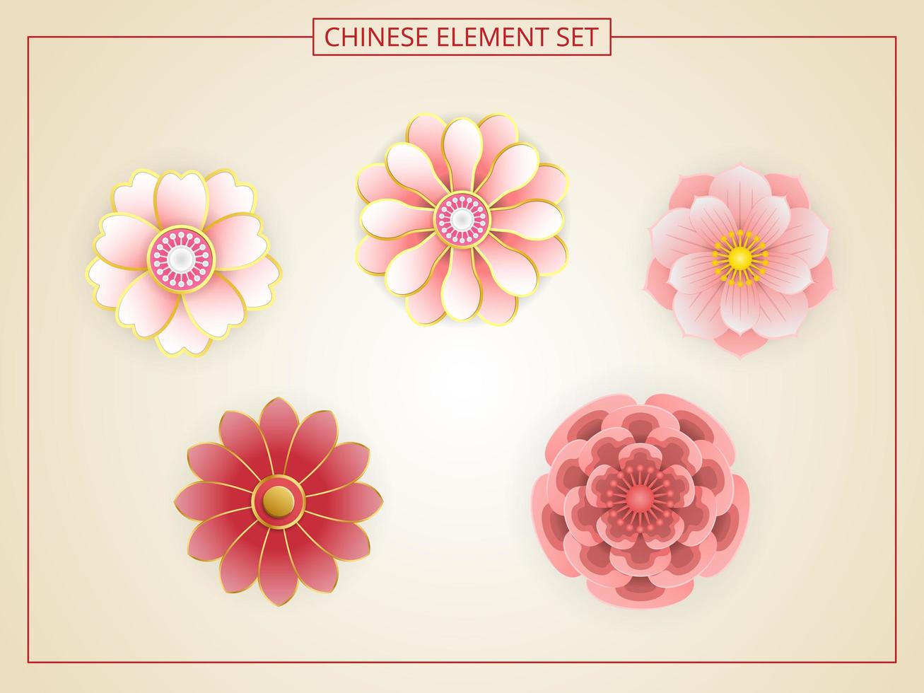 Chinese flowers with pink color in paper cut style vector