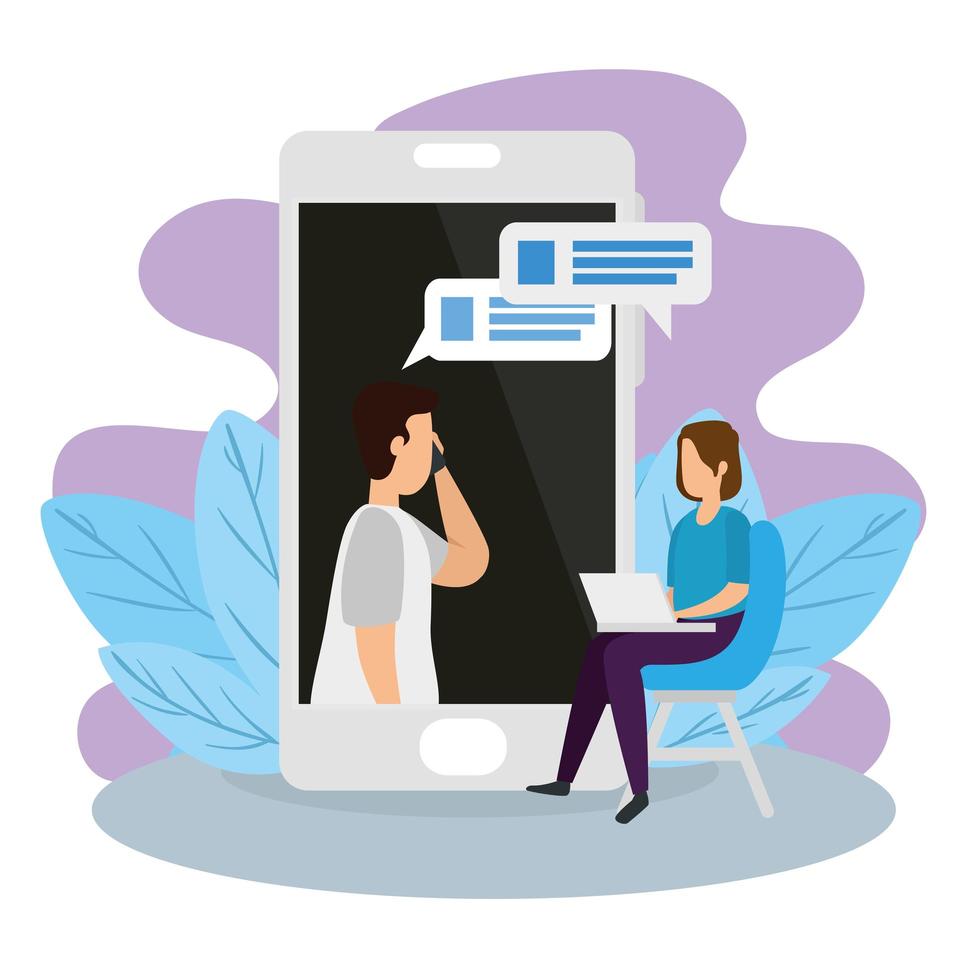 couple in a video conference with smartphone and laptop vector