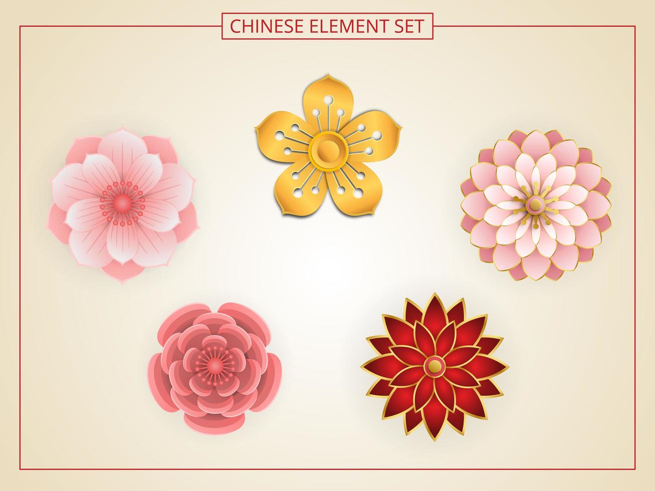 Chinese flowers with pink, red, gold color in paper cut style. vector