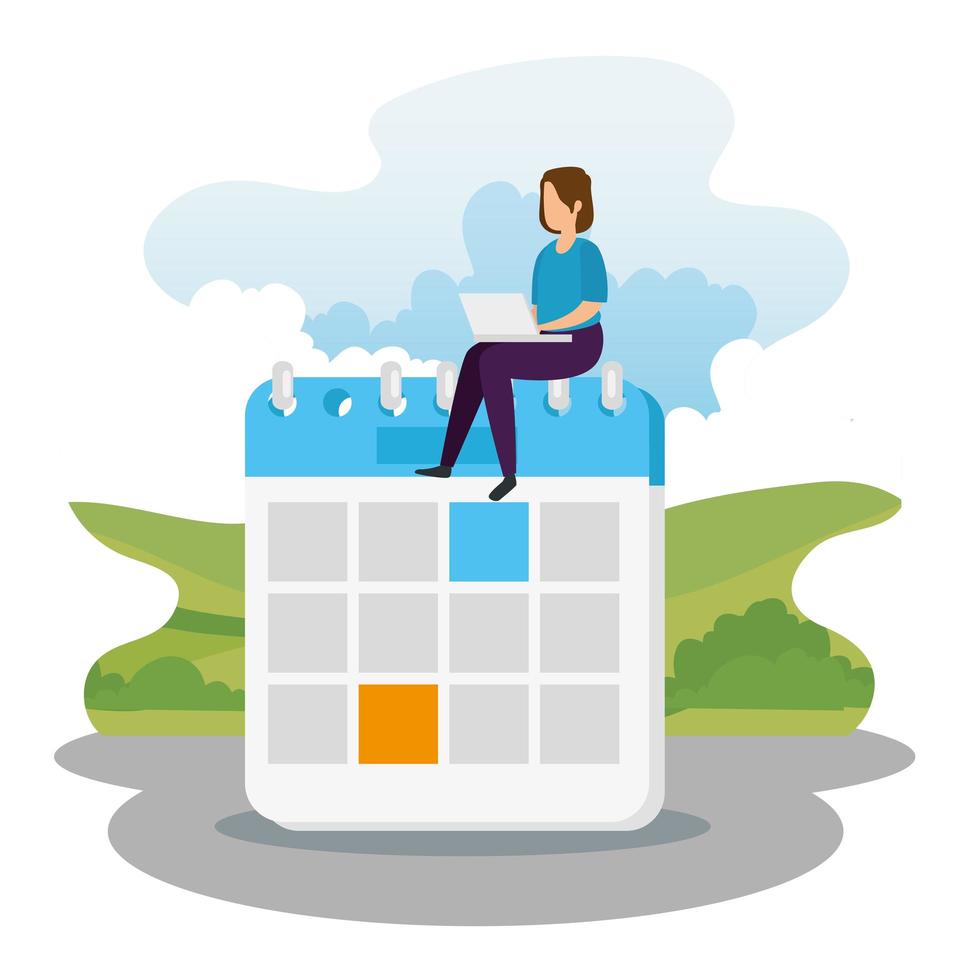 woman with laptop sitting on a calendar vector