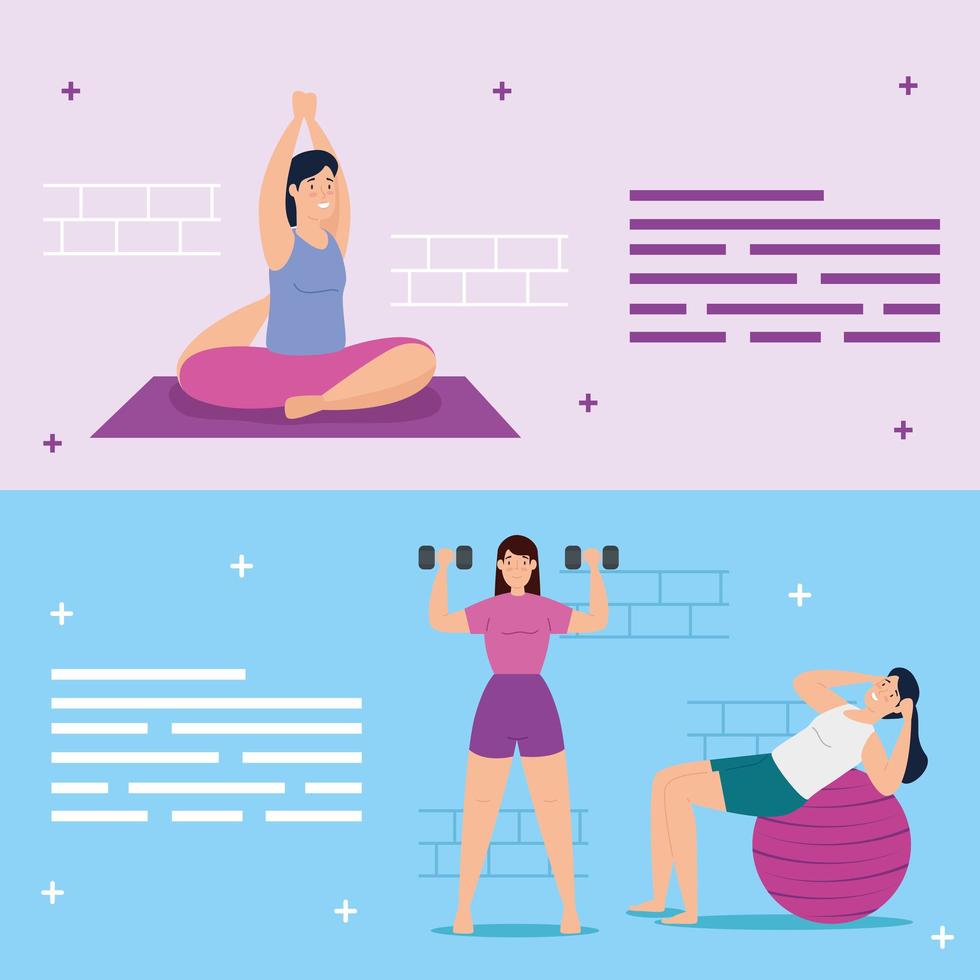 Young women exercising together banner set vector