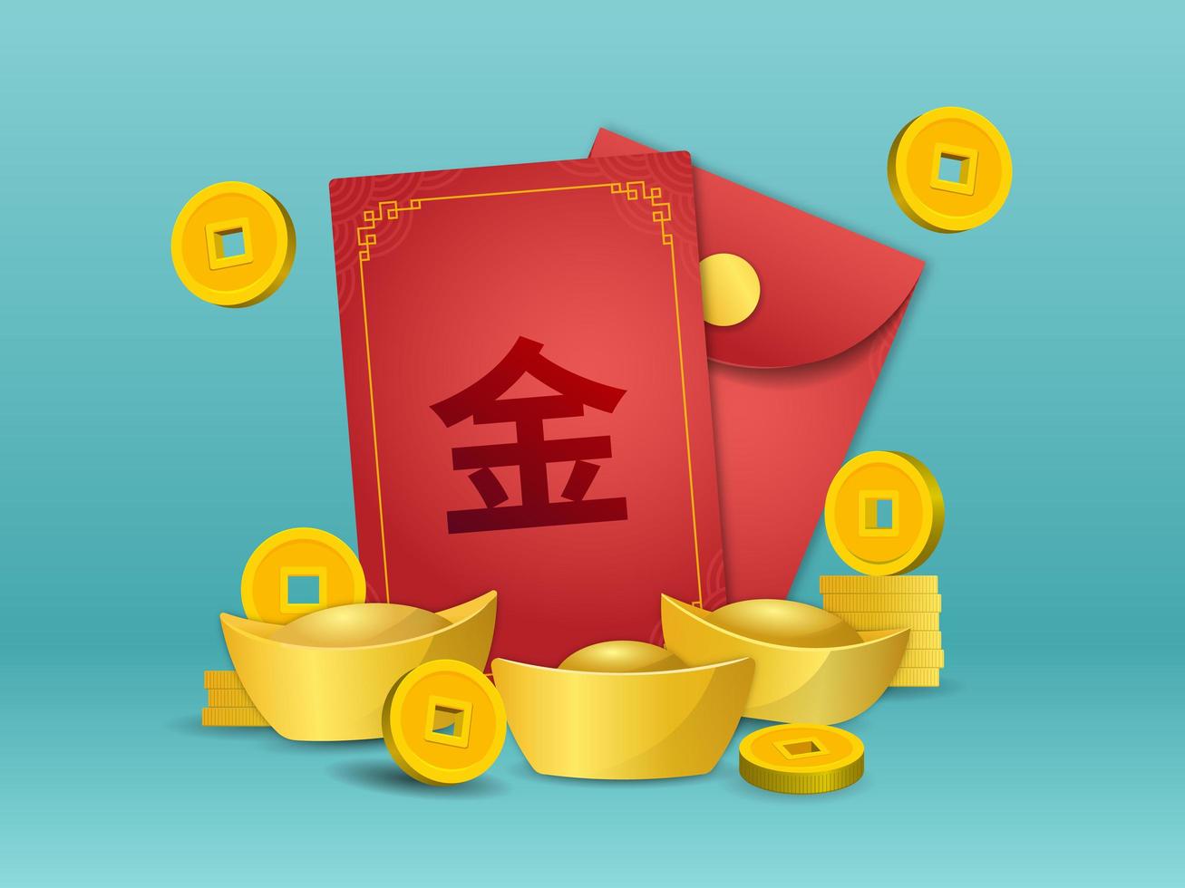 angpao chino con moneda de oro y lingote vector