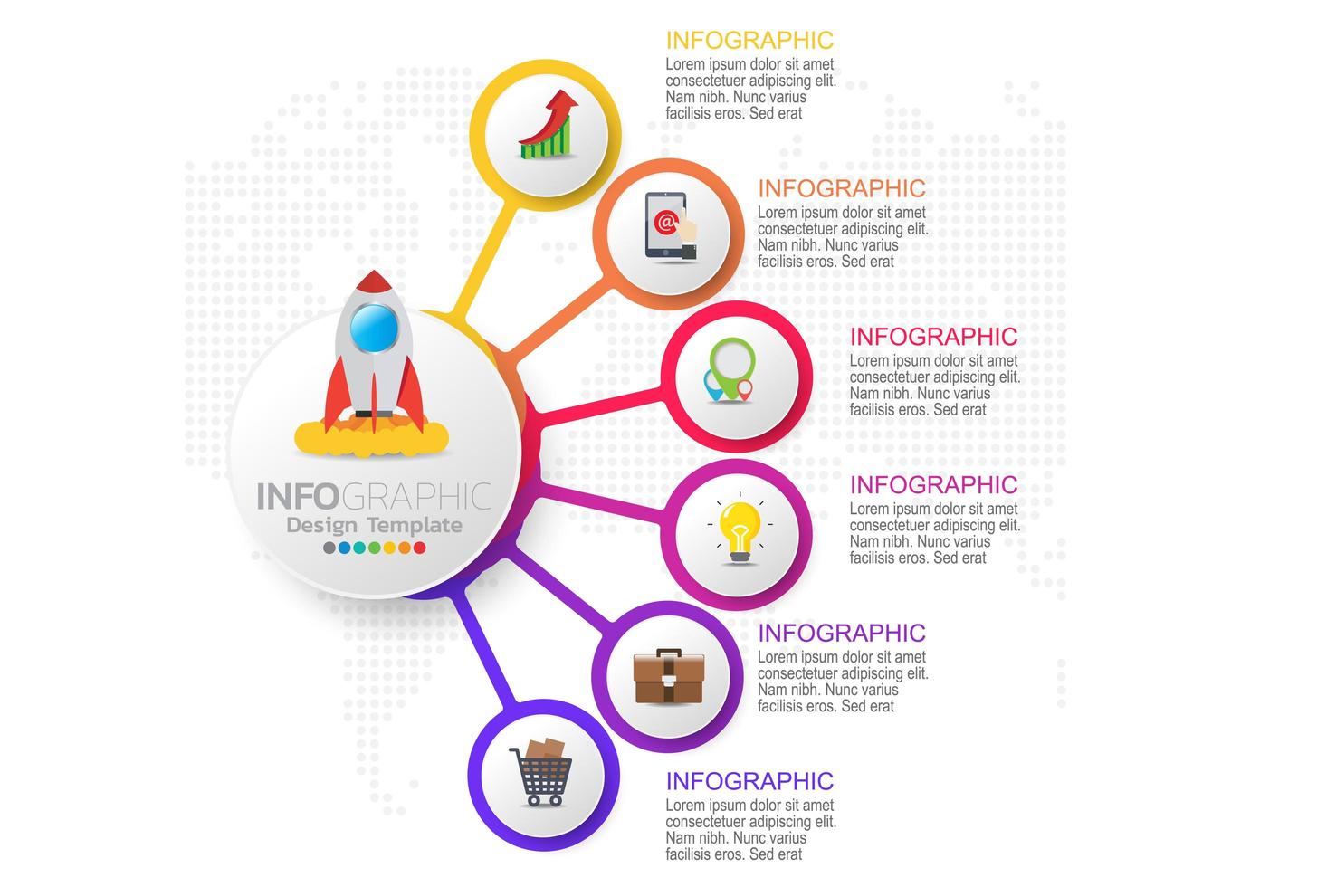 Infographic template design with 6 color options. vector