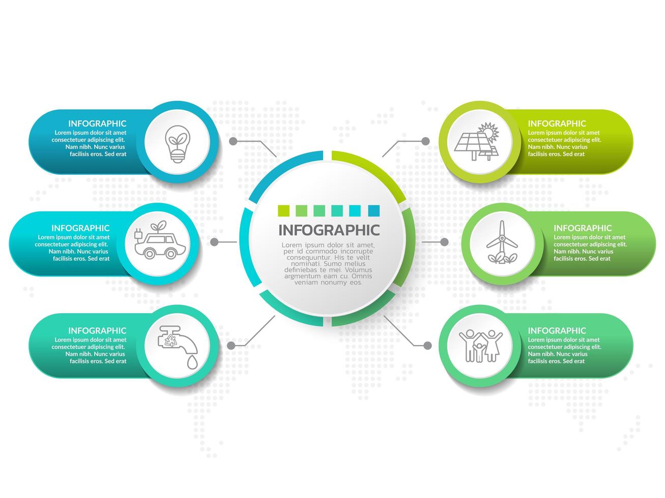 Infographic template design with 6 color options. vector