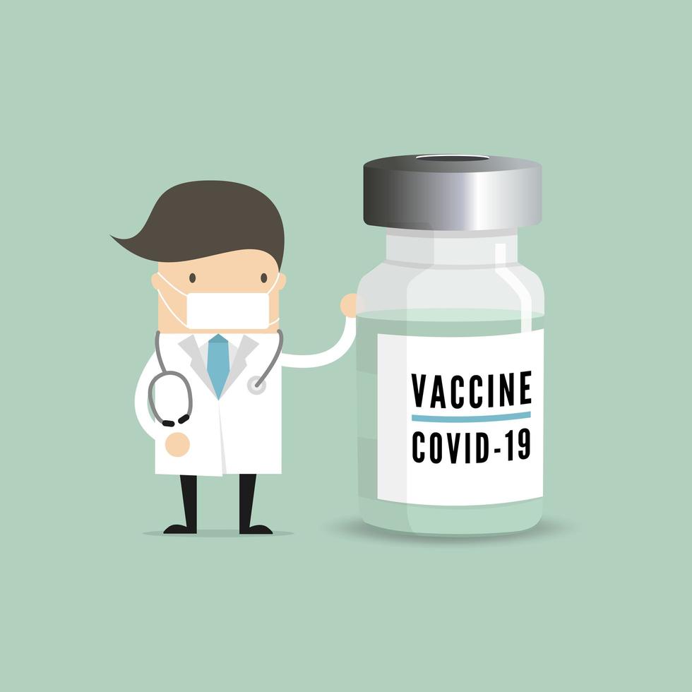 Doctor with COVID-19 vaccine bottle. vector