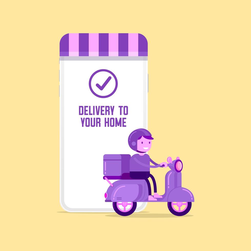 Delivery man riding a scooter next to smartphone vector